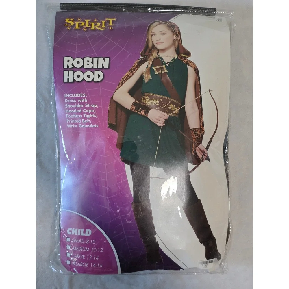 Spirit Halloween Robin Hood Costume Kid Large 12-14 Green Dress Hooded Cape READ